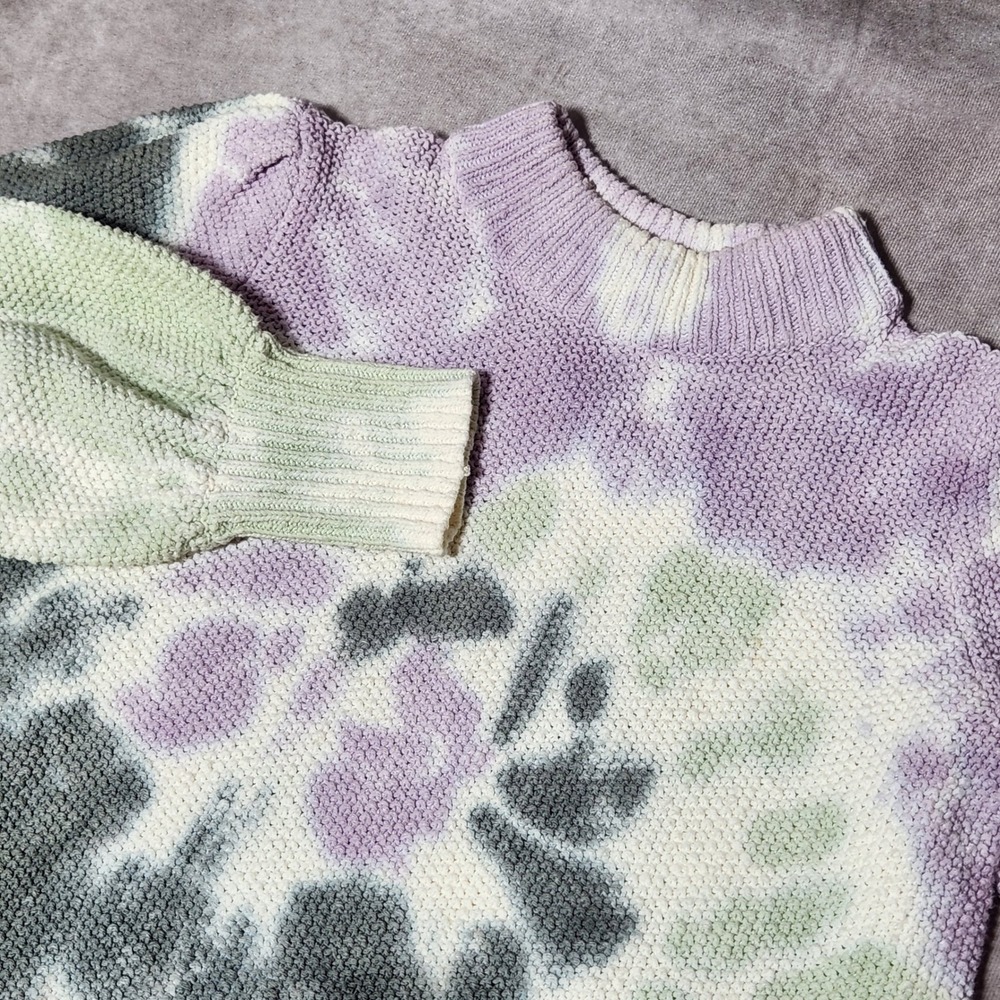 Madewell Tie Dye Cotton Mock Neck Puff Sleeve Knit Sweater Purple Green Small